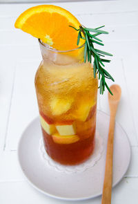 High angle view of drink on table