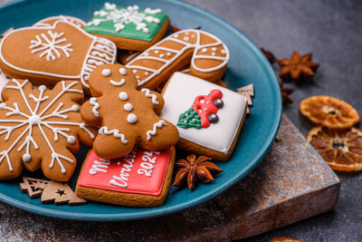 Close-up of cookies in plate on table