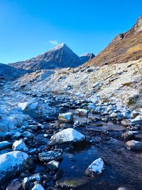 Scenic view of snowcapped mountains against clear blue sky