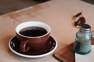 High angle view of coffee served on table