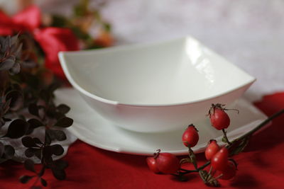 High angle view of fruits in plate on table
