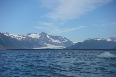 Scenic view of sea and mountains against sky