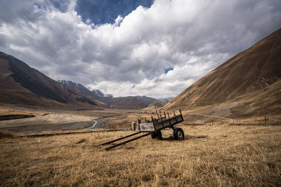 Horse cart on field against sky