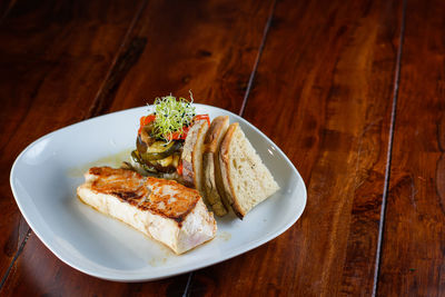 High angle view of food in plate on table