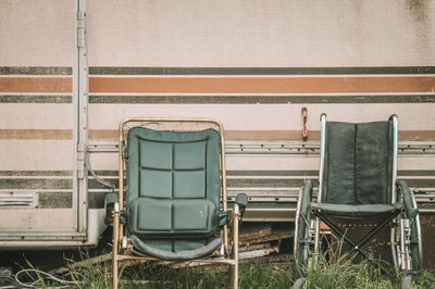 High angle view of chair and wheelchair caravan 