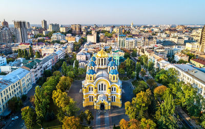 High angle view of buildings in city