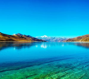 Scenic view of lake and mountains against clear blue sky