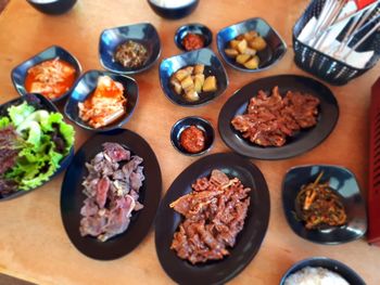 High angle view of food served on table