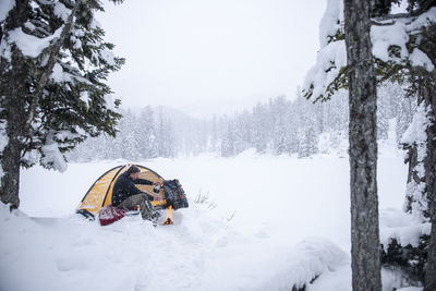 Senior man camping in snow-covered landscape