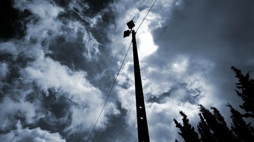 Low angle view of power lines against cloudy sky