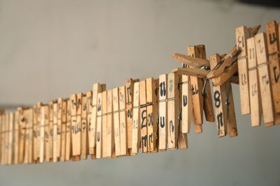 Close-up of wooden pegs