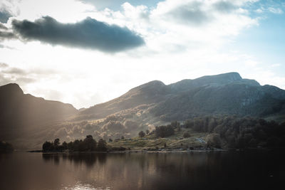 Scenic view of lake and mountains against sky