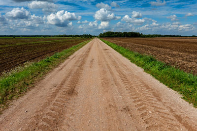 Dirt road amidst agricultural field against sky