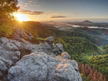 Summer misty landscape. early morning in beautiful hilly landscape of bohemian-saxony switzerland