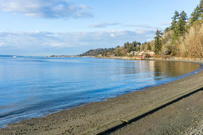 A view of the beach and waterfront homes at lincoln park in west seattle, washington.