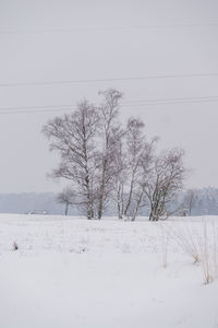 Bare trees on snow covered field against sky