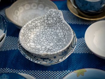 High angle view of glasses on table