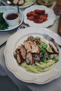 High angle view of food served on table