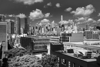 High angle view of buildings against sky