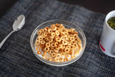 High angle view of breakfast on table