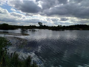Scenic view of lake against cloudy sky