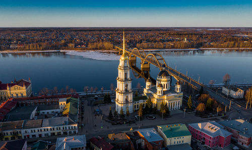 High angle view of river amidst buildings in city