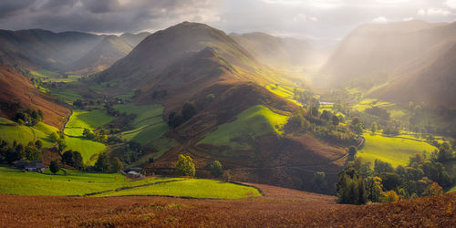 Beautiful light over the landscape in martindale valley near ulswater in the english lake district.