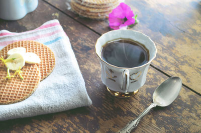 High angle view of tea cup on table