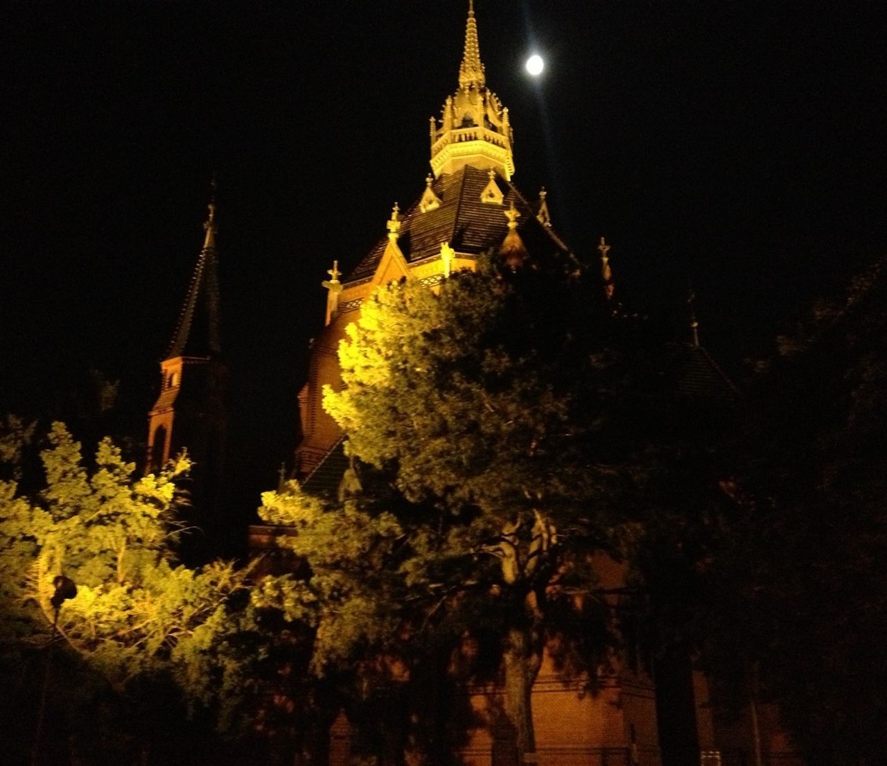 night, building exterior, architecture, religion, illuminated, place of worship, built structure, spirituality, tree, church, low angle view, famous place, clear sky, temple - building, travel destinations, cathedral, history, steeple