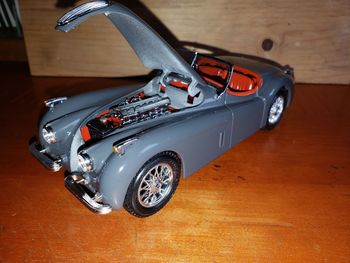 High angle view of toy car on table