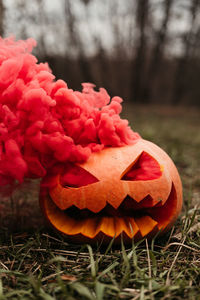 Close-up of red smoke emitting from jack o lantern on grassy land