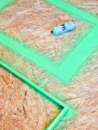 High angle view of equipment on table