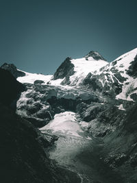 Scenic view of snowcapped mountains against clear sky