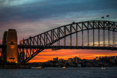 Silhouette bridge over river against cloudy sky during sunset