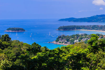 Scenic view of sea against clear blue sky