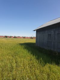 Scenic view of field against clear blue sky