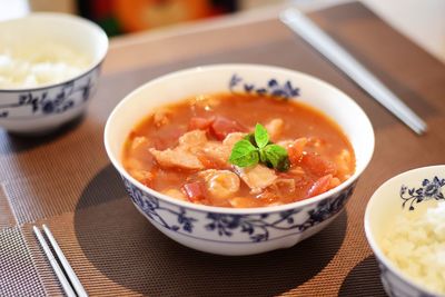 High angle view of soup in bowl on table