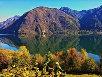 Scenic view of lake and mountains against sky