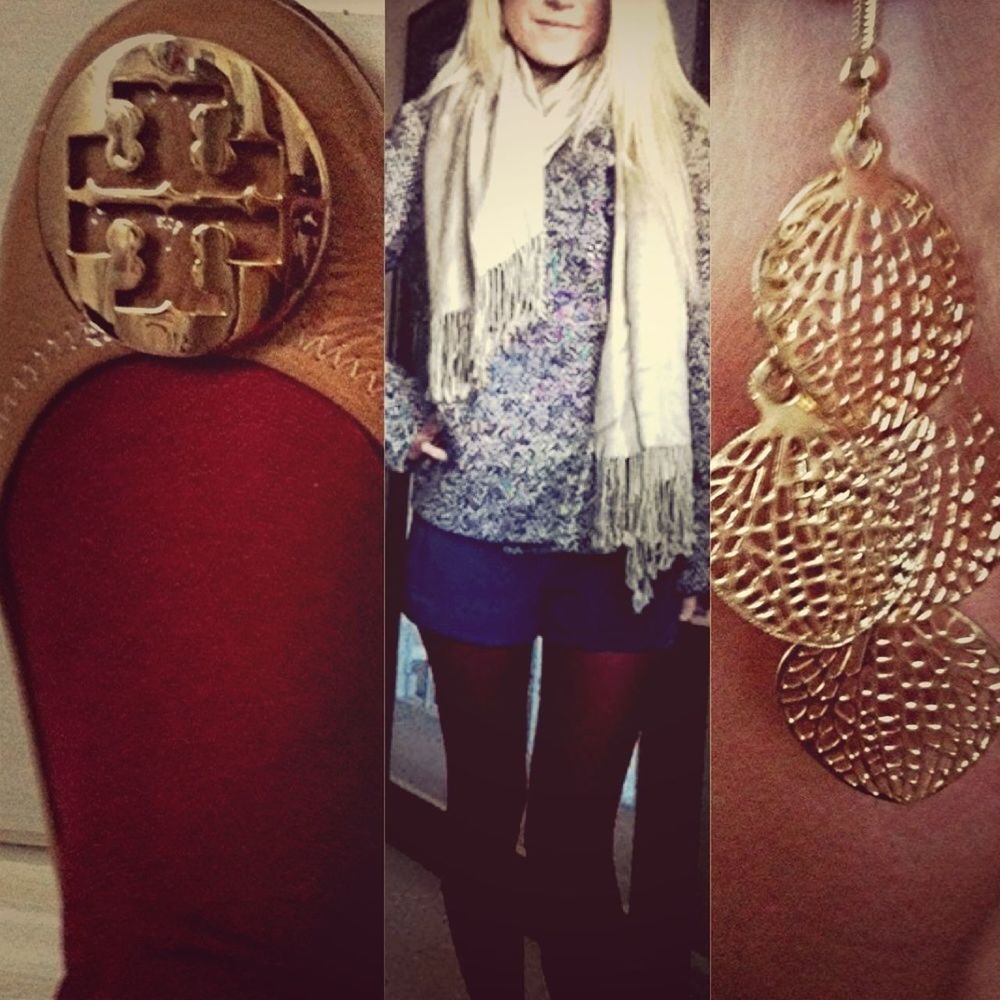 Ootd: shoes (Tory Burch) tights & shorts (Marshalls) Jacket (Old Navy) scarf (Urban Outfitters) earrings (Target)