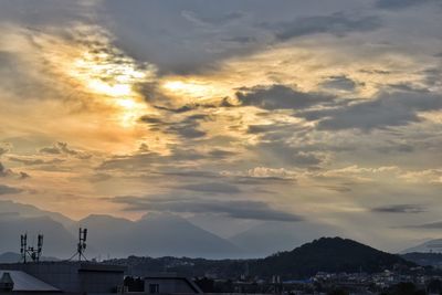 Aerial view of cityscape against sky during sunset