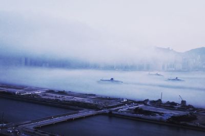 High angle view of kowloon bay in foggy weather