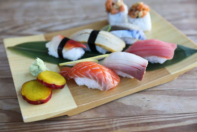 High angle view of sushi on table