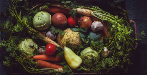 High angle view of fruits and vegetables