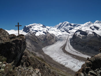 Scenic view of snowcapped mountains against clear blue sky