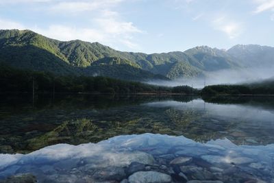 Scenic view of mountains reflection in lake against sky