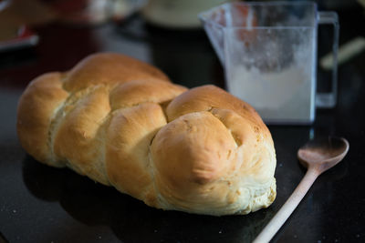 Close-up of baked pastry item on table