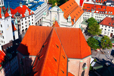 Red tiled rooftops of cathedrals in munich . aerial view of munich old town in bavaria germany