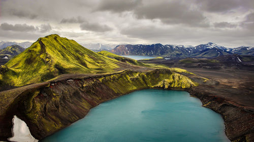 Aerial view of lake against mountain range during winter