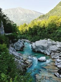 Scenic view of river by mountains