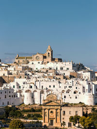 Buildings in town against clear blue sky